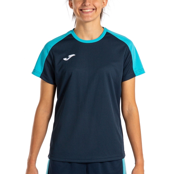 Women's Padel T-Shirt and Polo Joma Eco Championship Logo TShirt  Navy/Fluor Turquoise 901690.342