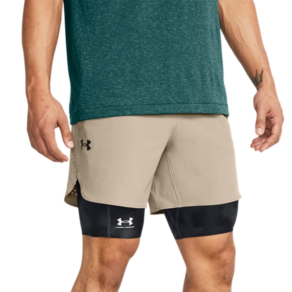 Men's Padel Shorts Under Armour Peak Woven 6in Shorts  Timberwolf Taupe/Black 13767820203